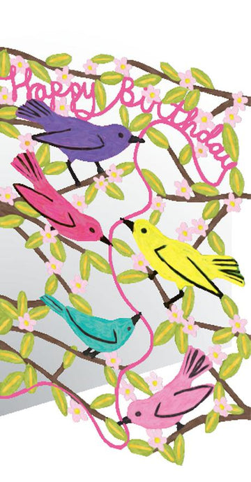 a laser cut greeting card with five birds in five colours on branches, text happy birthday 