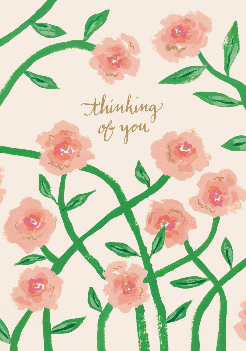 an illustration of pink flowers with long green stems on a cream pink back drop with script thinking of you in gold on front 