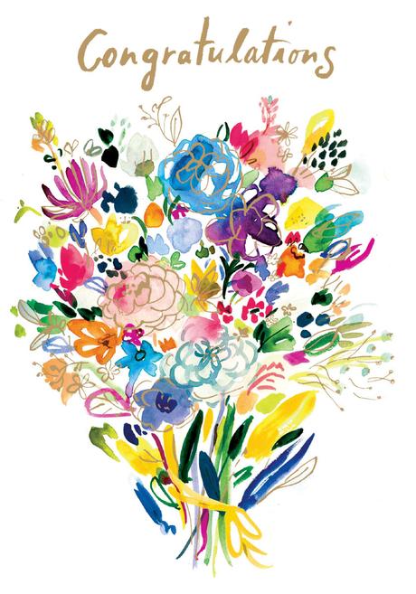 a very colourful illustration of painted boquet of flowers all different colours looks like a watercolour painting, tied in a boquet witha yellow ribbon says congratulations in gold script at the top white background