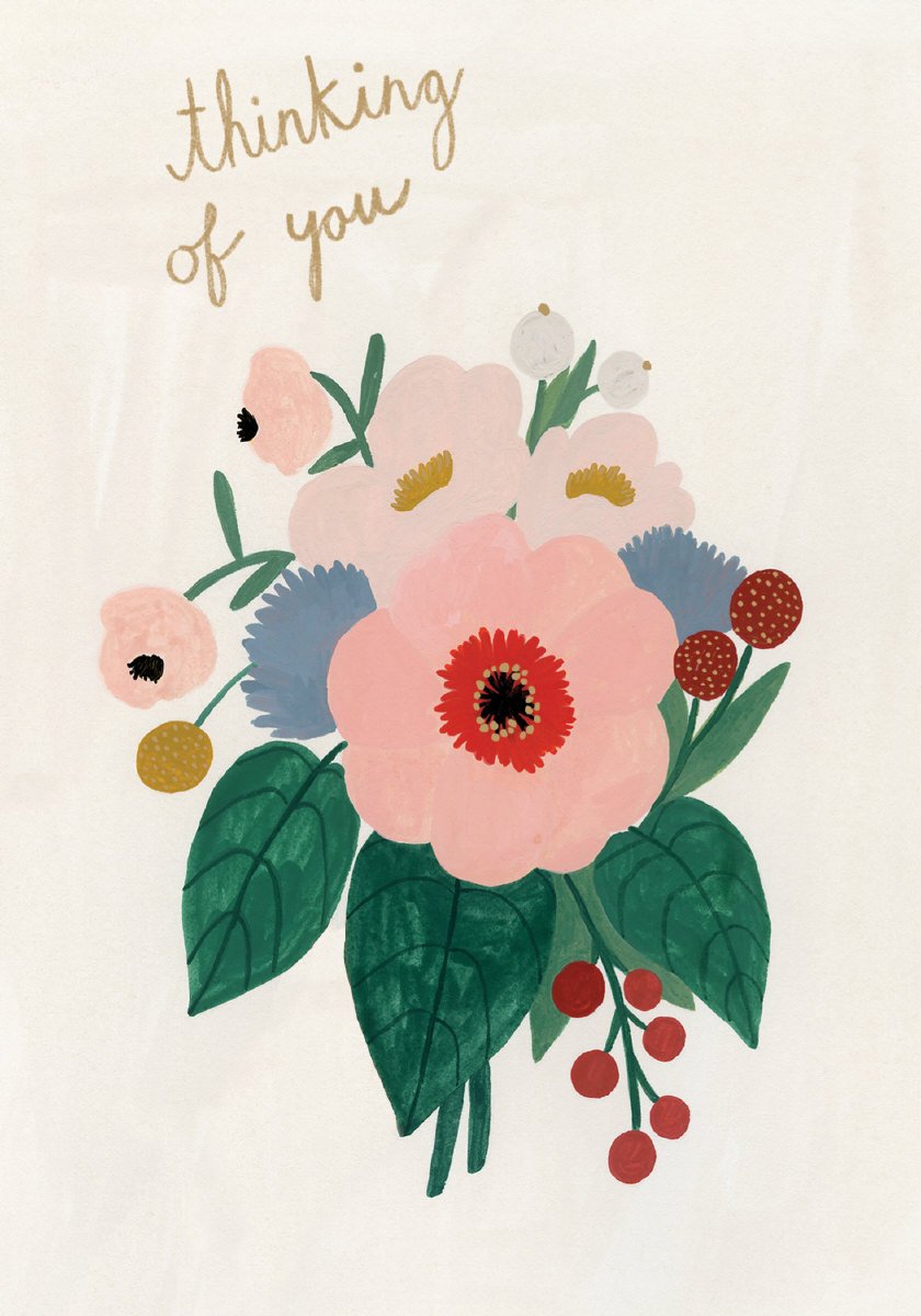 an illustration of a bouquet of flowers pink green and soft wedgewood blue on a white background with gold script thinking of you 