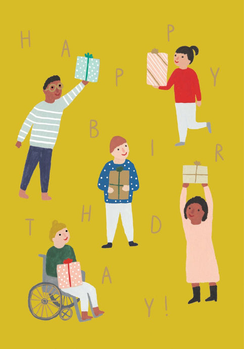 an illustration of differnt children all holding gifts, one child in a wheelcahir one wearing glasses on a bright yellow car with letter happy birthday sprinkled thru out