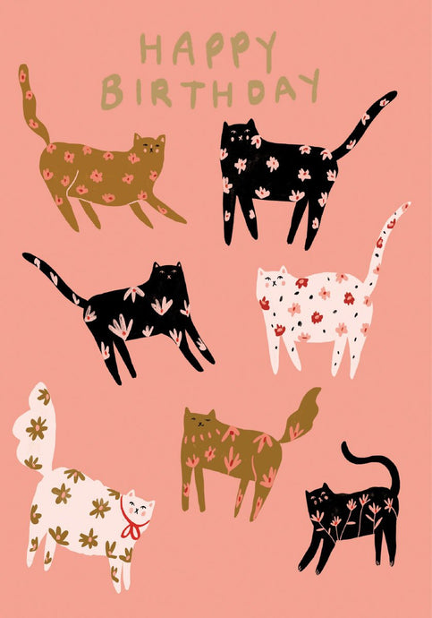  greeting card overed in calico cats with flowers and designs on them . text happy birthday 