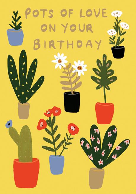 an illustration of pots of flowers and cactus in different colours on a bright yellow car says pots of love on your birthday in gold