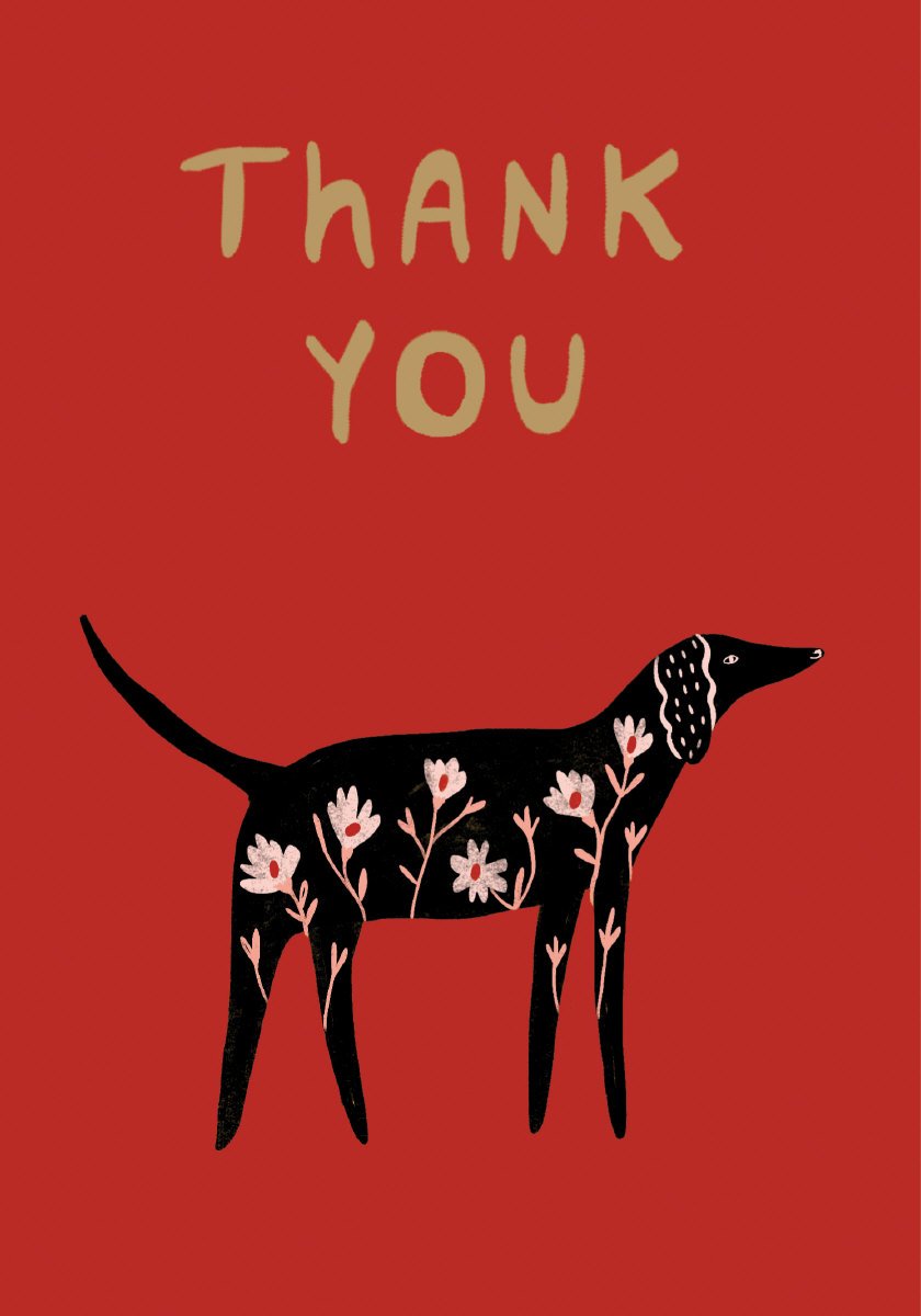 a colour illustration of a black dog with pink flowers drwn in its body on a red background says thank you in gold letters