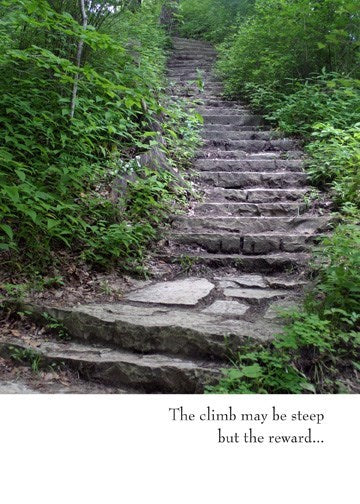 a colour photo of very old stone steps heading up up up surrounded by bushes and foliage with script at bottom the climb may be steep but the reward.....