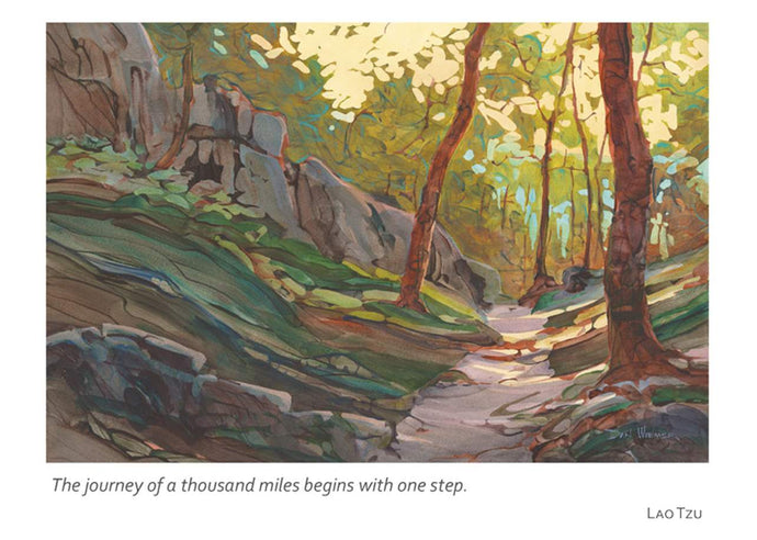 a colour illustration of a woodland path with trees and green vegetation 