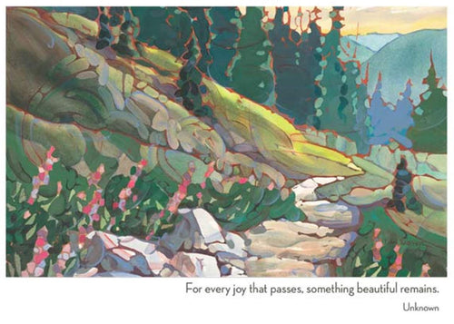 colour illustration of a path in nature with flowers and trees . text for every joy that passes. something beautiful remains