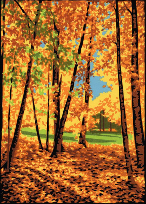 colour picture of a yellow and golden autumn in the forest with orange and yellow leaves