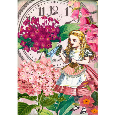 a picture of Alice in Wonderland in the midst of mostly pink flowers and green leaves wearing a pink and white dress with apron. in front of a large clock or watch, she is holding a small bottle that says drink me.