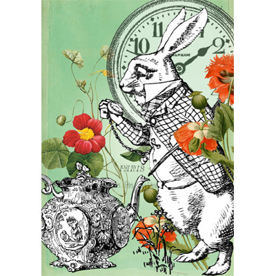 the march hare illustration in mostly black and white wearing a vest, jacket and tie, looking at his pocket watch beside a black and white tea pot, with a black and white clock in the backgroung on a green backdrop with mostly red flowers throughout 