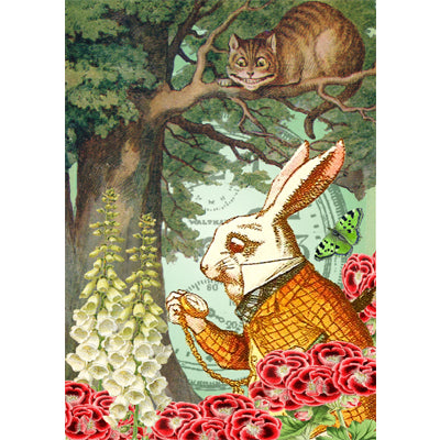 the white rabbit wearing a vest, jacket and tie mostly in golden and copper colours, looking at his pocket watch, surrounded by assorted flowers in white and red, with the Cheshire cat high in a tree looking down at him