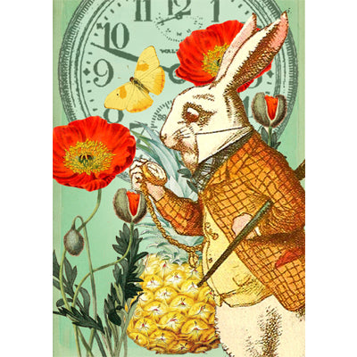 an illistration of the white rabbit wearing a scarf , vest and tie mostly in copper or gold colours holding his pocket watch in front of a large clock surrounded by red poppy flowers and a yellow butterfly 