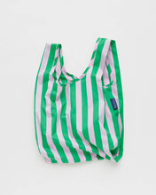 Load image into Gallery viewer, a reusable baggu bag in an awning stripe pattern of pink and green 
