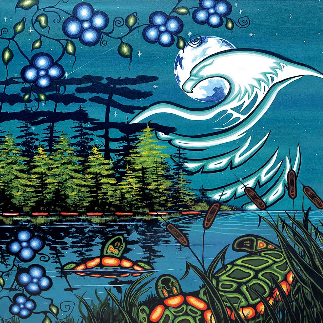 Indigenous art illustration of a lake with island trees and turtles mostly teal and green colours