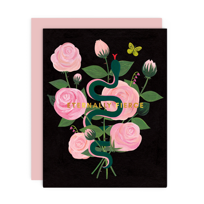 illustration of modern pink flowers with a green snake slithering thru on a black backdrop