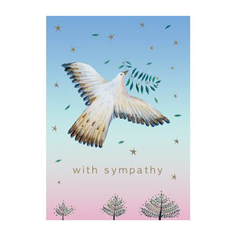 a greetig card with a wide winged dove hldig a garland of leaves with text with sympathy