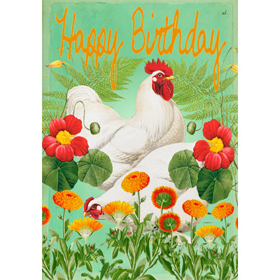 colour illustration of 2 white chickens in a floral garden on green backdrop