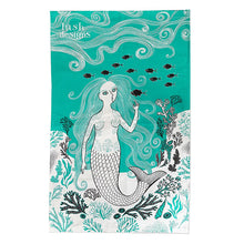 Load image into Gallery viewer, a tea towel with artist depiction of a mermaid under the sea 
