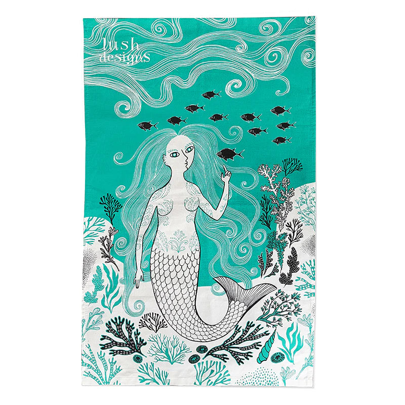a tea towel with artist depiction of a mermaid under the sea 