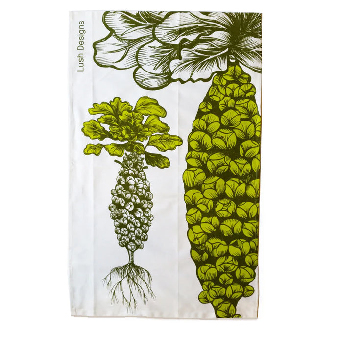 a white tea towel with an art depiction of a brussel sprout plant 