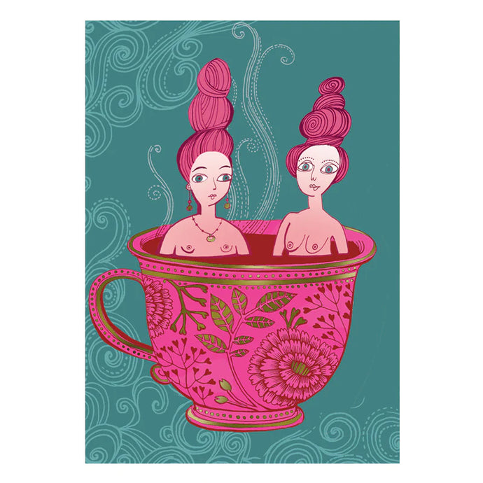 a greeting card with two ladies sitting in a hot cup of tea . whimsical