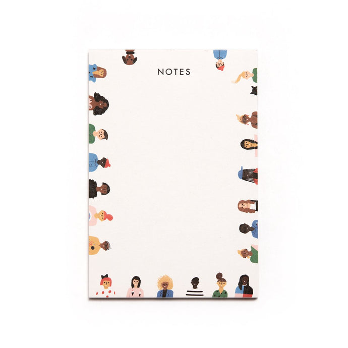 a colour illustration of all sorts of people around the border of the note pad