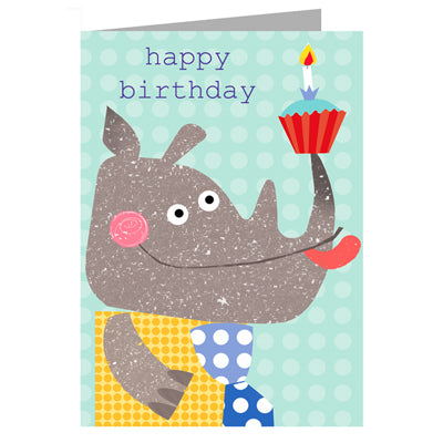 colourful illustration of a rhino with a cupcake on its horn 