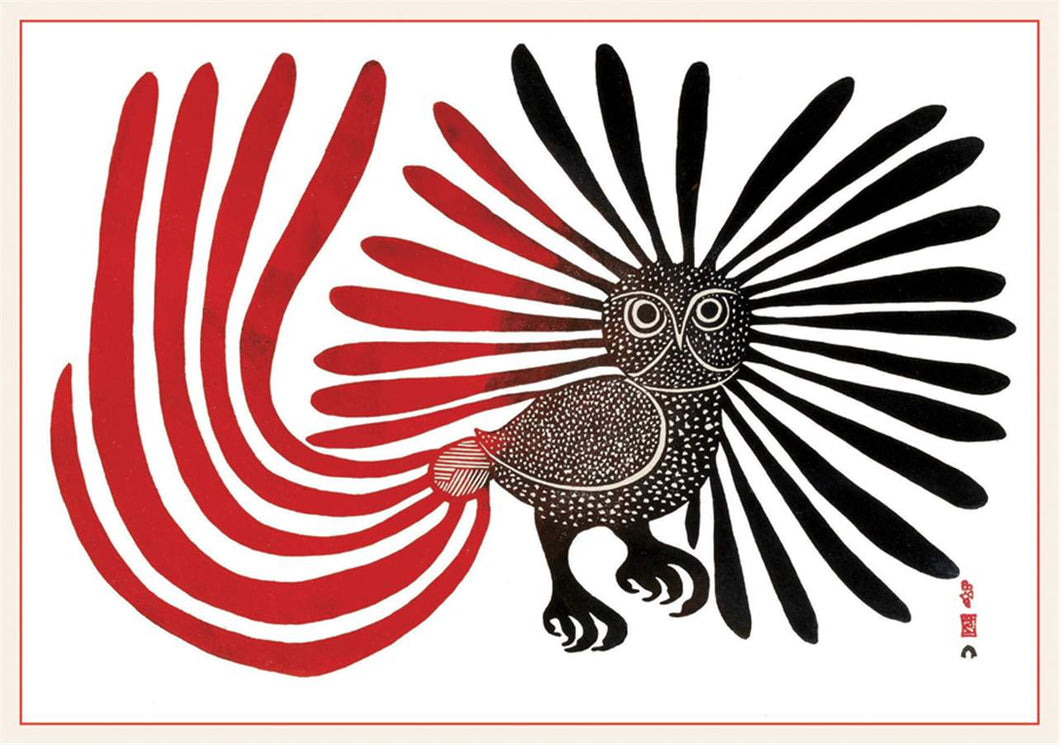 Indigenous Inuit art of an owl with red and black swirls emoting from it. 