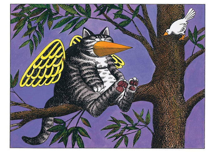 illustration of a blak and white tabby cat sitting in a tree with fake wings and beak waiting for a bird 
