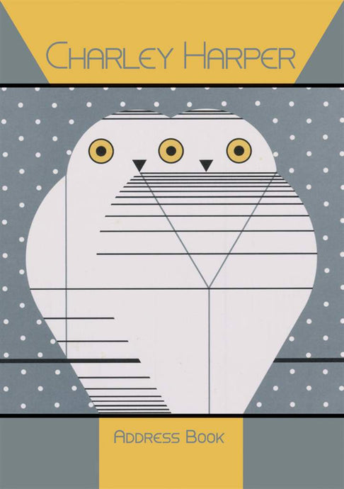 illustration of 2 owls surrounded by polka dots primarily in grey and gold 