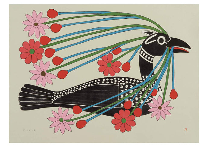 Indigenous Inuit illustration of a loon with a floral cascading headdress of red and pink