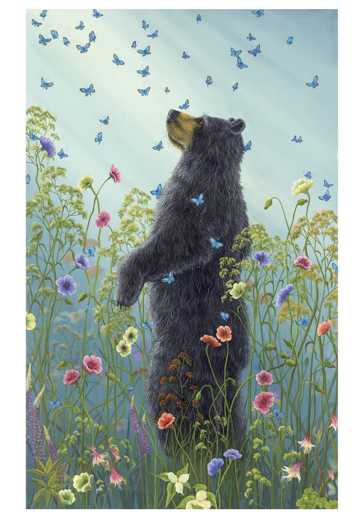 a greeting card with a black bear standing on hind legs sniffing the air amongst the flowers 