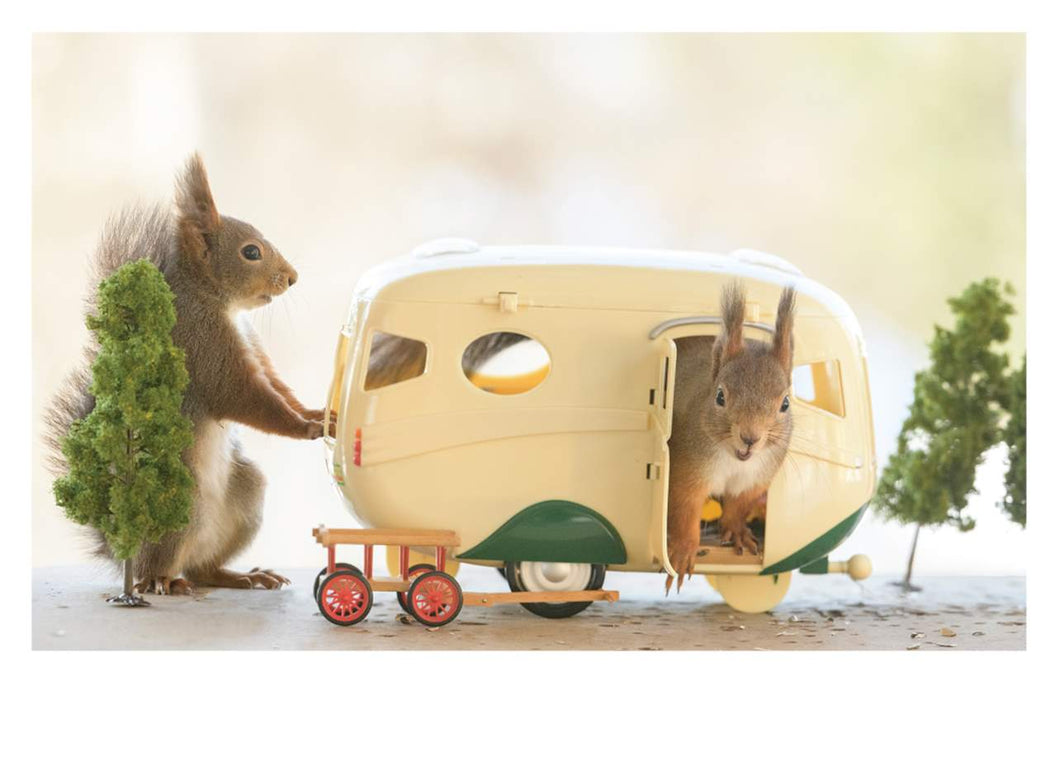 a colour photo of 2 squirrels, one peeking out of a camper trailer the other standing with its paws against the trailer. there is aa little wagon and evergreen trees in the foreground depicting a camping site. the squirrels are a narural brown colour and the trailer is a creamy yellow colour. trees are green