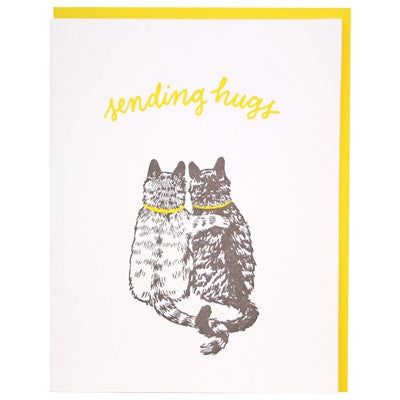 illustration of 2 cats hugging on white backdrop 
