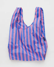 Load image into Gallery viewer, a blue and pink awning stripe baggu reusable shopping bag

