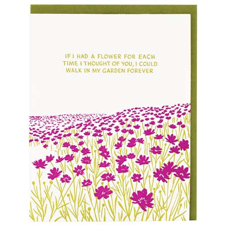 a colour illustration of a feild of dark fuscia coloured flowers and green stems with script if I had a flower for each time I thought of you, I could walk in my garden forever  on white background with dark sage green envelope 