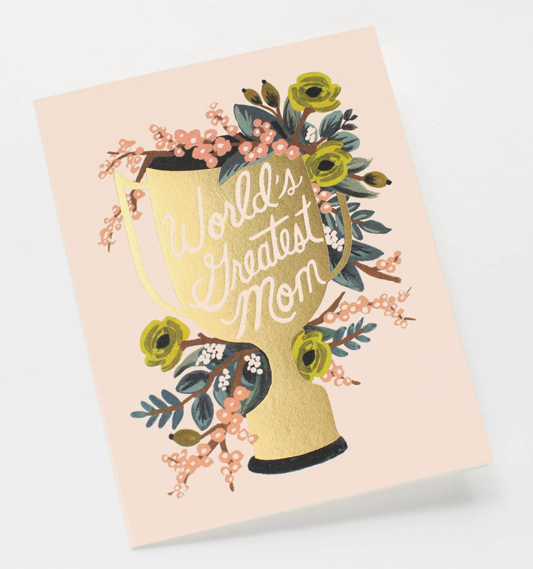 illustration of a gold trophy with flowers on a soft pink background. text on trophy. worlds's greatest mom . it is a greeting card