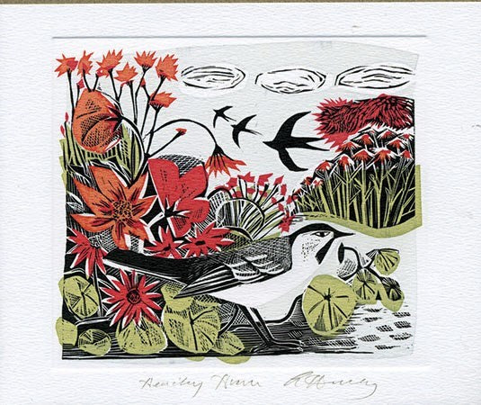 illustration of black and white bird amidst a pond and flowers 