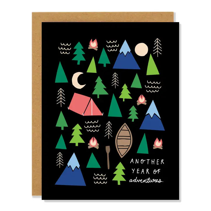 a black coloured greeting card with illustraions of trees tents mountains campfires with text another year of adventures 