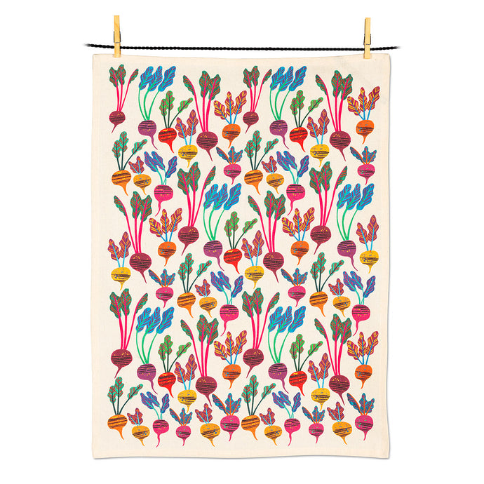 a kitchen tea towel covered in different vegetable beets 
