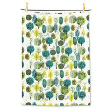 Load image into Gallery viewer, a white tea towel with illustraion of green modern trees to match dishcloth and matches 
