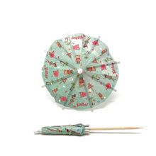 Load image into Gallery viewer, a phot of a tiny cocktail umbrella with tiki bar images from the tropics as a motif 
