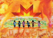 Load image into Gallery viewer, a greeting card with Indigenous art by shawna boulette grapentine. depicitng five Indigenous children wearing Indigenous clothing facing a orange and red background with a orange quilt in the sky 
