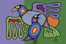 画像をギャラリービューアに読み込む, colourful painting Indigenous art 2 crow birds green blue orange 
