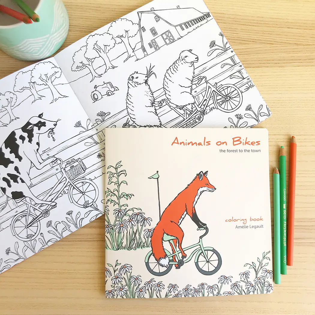 colouring book - animals on bikes - the forest to the town - save 70%