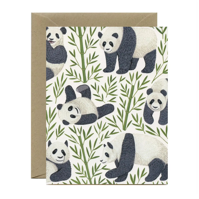 a greeting card with an illustration of a several pandas with bamboo shoots and leaves. no text