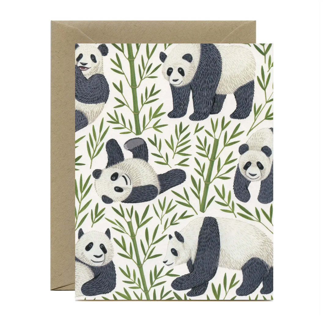 a greeting card with an illustration of a several pandas with bamboo shoots and leaves. no text