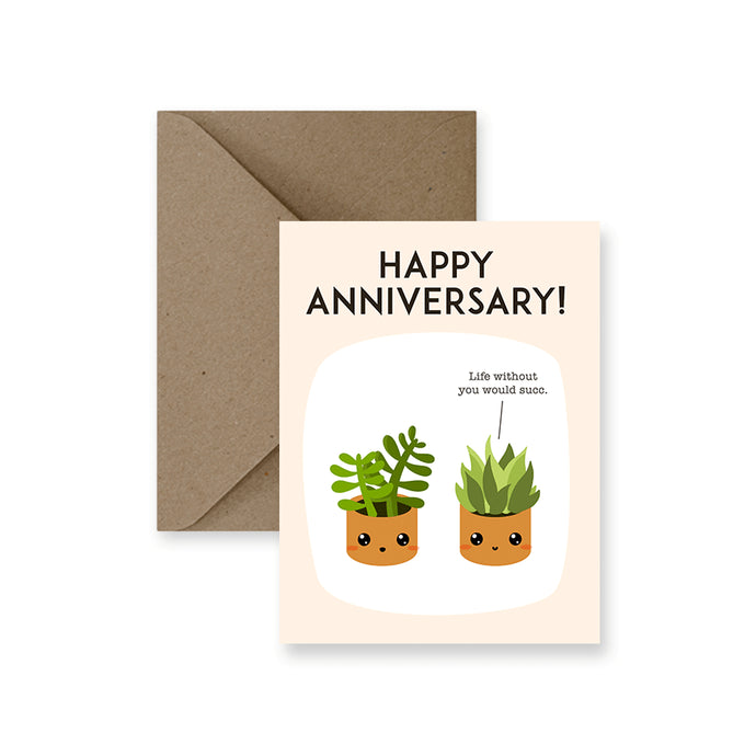 a colour phot of a greeting card with an illustration of two little succulent plants in a pot. 