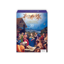 Load image into Gallery viewer, a ox of Christmas greeting cards with a nativity scene on the cover . text. Christmas Masterpieces . 30assorted Christmas cards with envelopes
