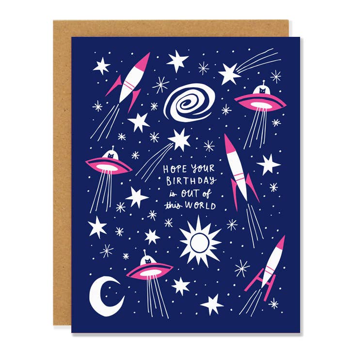 a nvy blue greeting card with illustrations of rockets and stars like in outer space with text. hope your birthday is out of this world.